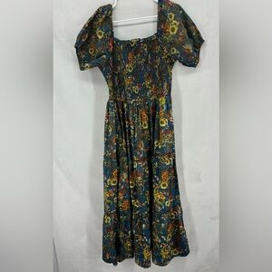 Kings Road Women’s 1X Plus Size Blue Yellow Floral Smock Maxi Dress Puff Sleeve